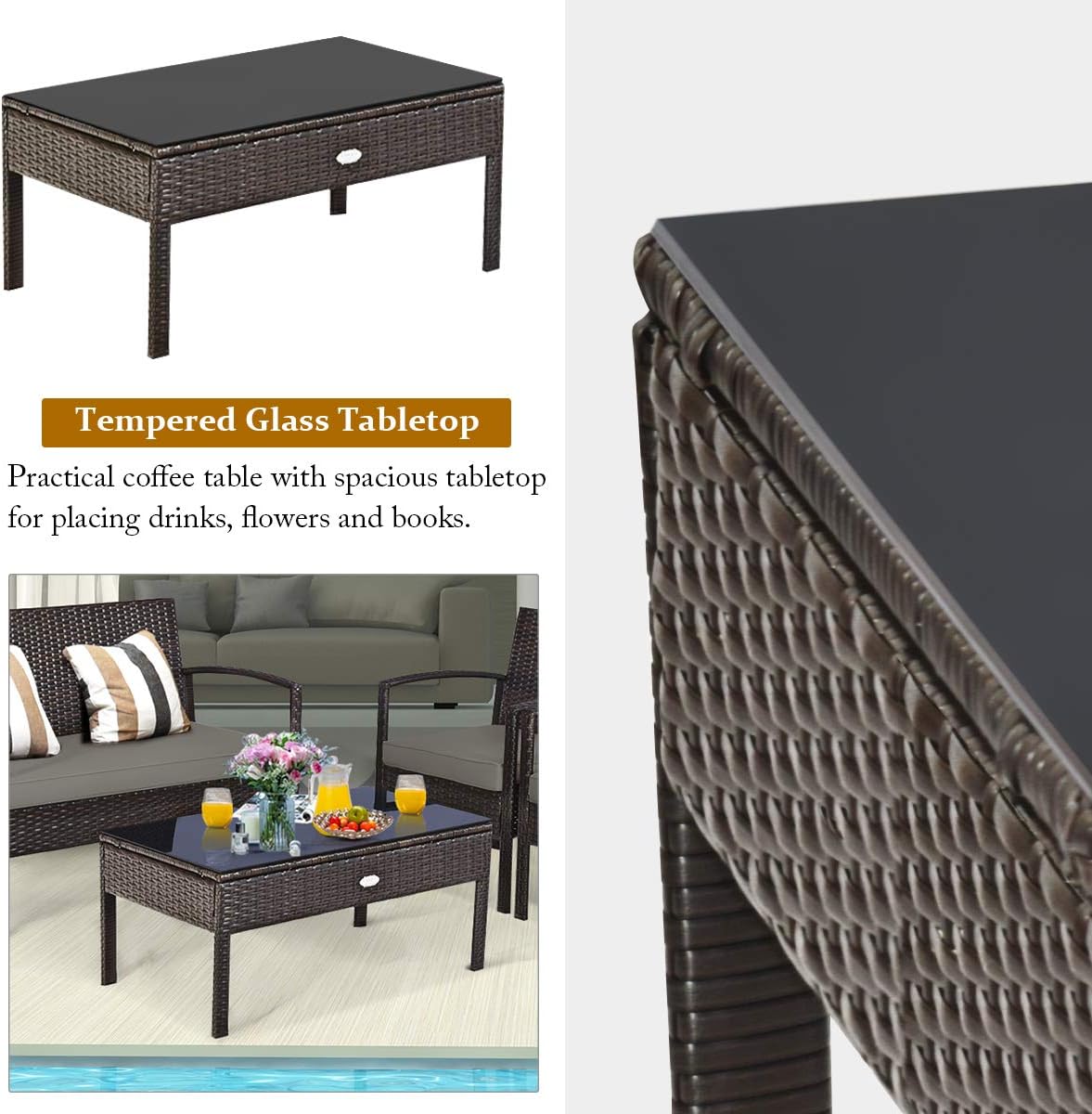 COSTWAY Outdoor Patio Furniture Set 4 Pieces, Wicker Conversation Set with Tempered Glass Topped Table, Seat Cushions, Rattan Chair Wicker Sofa for Backyard Balcony Porch Poolside