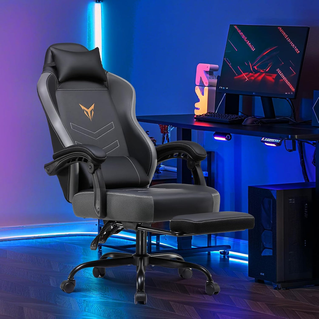 GTPLAYER Gaming Chair with Footrest, Recliner Chair with Headrest & Lumbar Support, Linkage Armrest,Ergonomic Gaming Chair, High Back Office Home, Grey