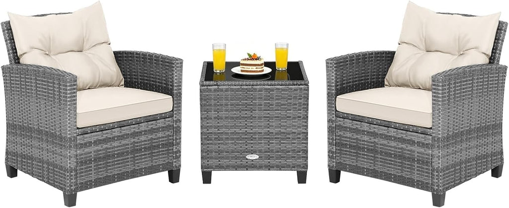 COSTWAY 3PCS Patio Furniture Set, PE Rattan Wicker Sofa w/Washable Cushion and Coffee Table, Tempered Glass Tabletop, Outdoor Conversation Set for Balcony, Porch, Yard, Backyard, Lawn (White)