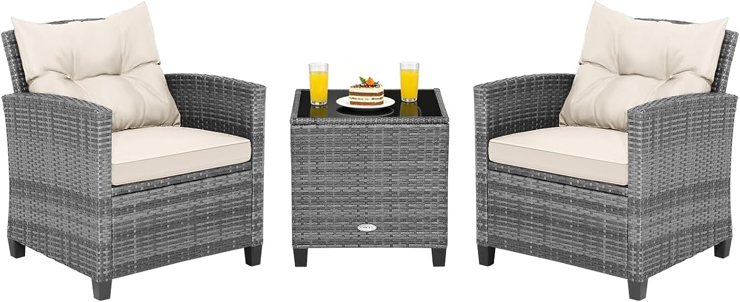 COSTWAY 3PCS Patio Furniture Set, PE Rattan Wicker Sofa w/Washable Cushion and Coffee Table, Tempered Glass Tabletop, Outdoor Conversation Set for Balcony, Porch, Yard, Backyard, Lawn (White)