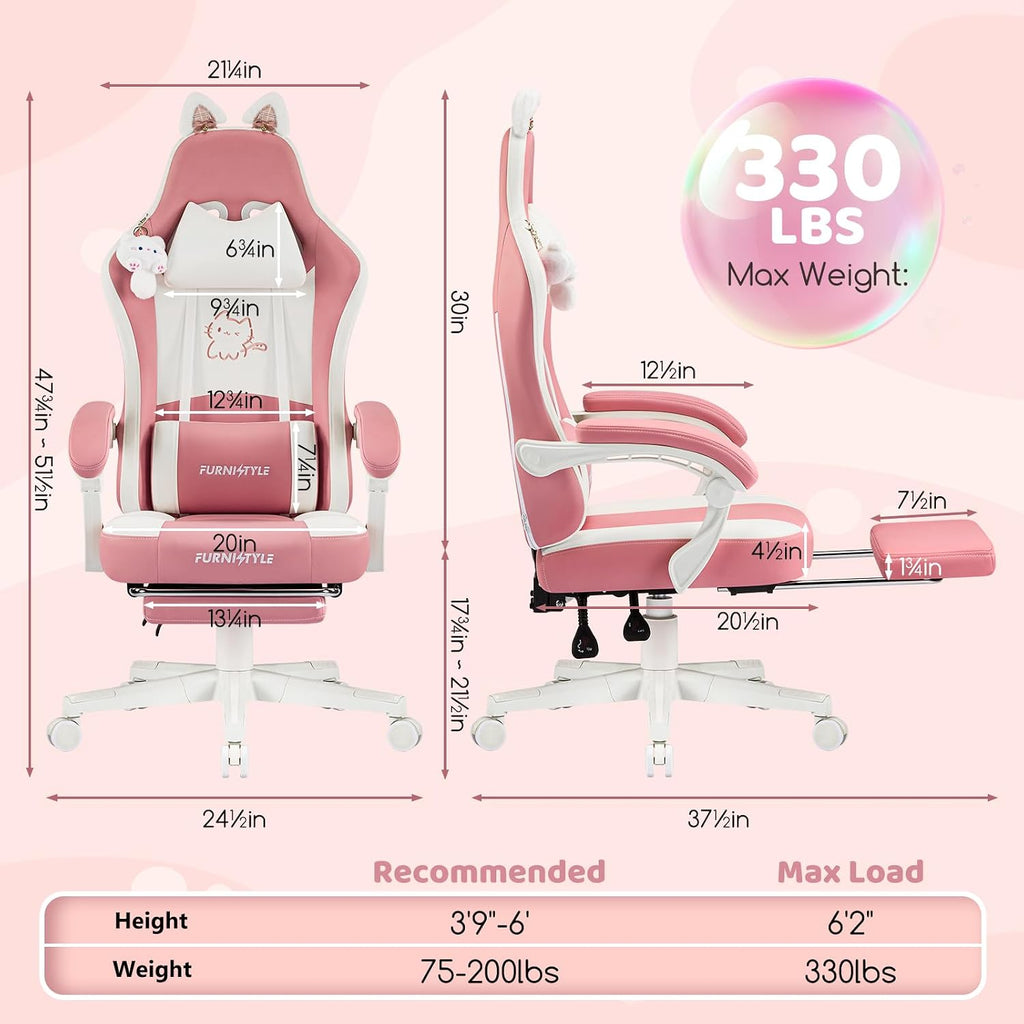 Gaming Chair, Pink Video Game Chairs for Adults with Cat Ears Pocket Spring Cushion Massage Lumbar Support & Headrest, Ringing Accessories Cute Leather Ergonomic Computer Chair for Girls, Pink/White