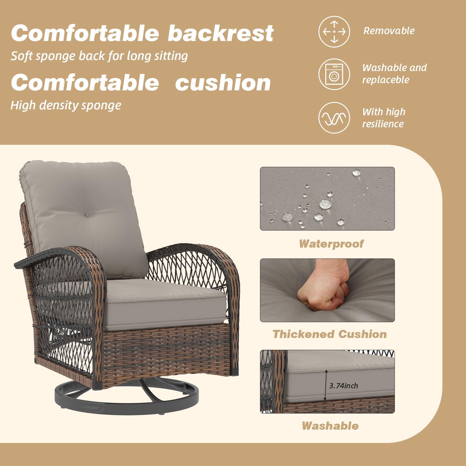 MELLCOM 3 Pieces Patio Furniture Set, Outdoor Swivel Rocker Patio Chairs, Wicker Patio Bistro Set with Rocking Chair, Thickened Cushions and Glass Coffee Table for Backyard, Garden, Grey