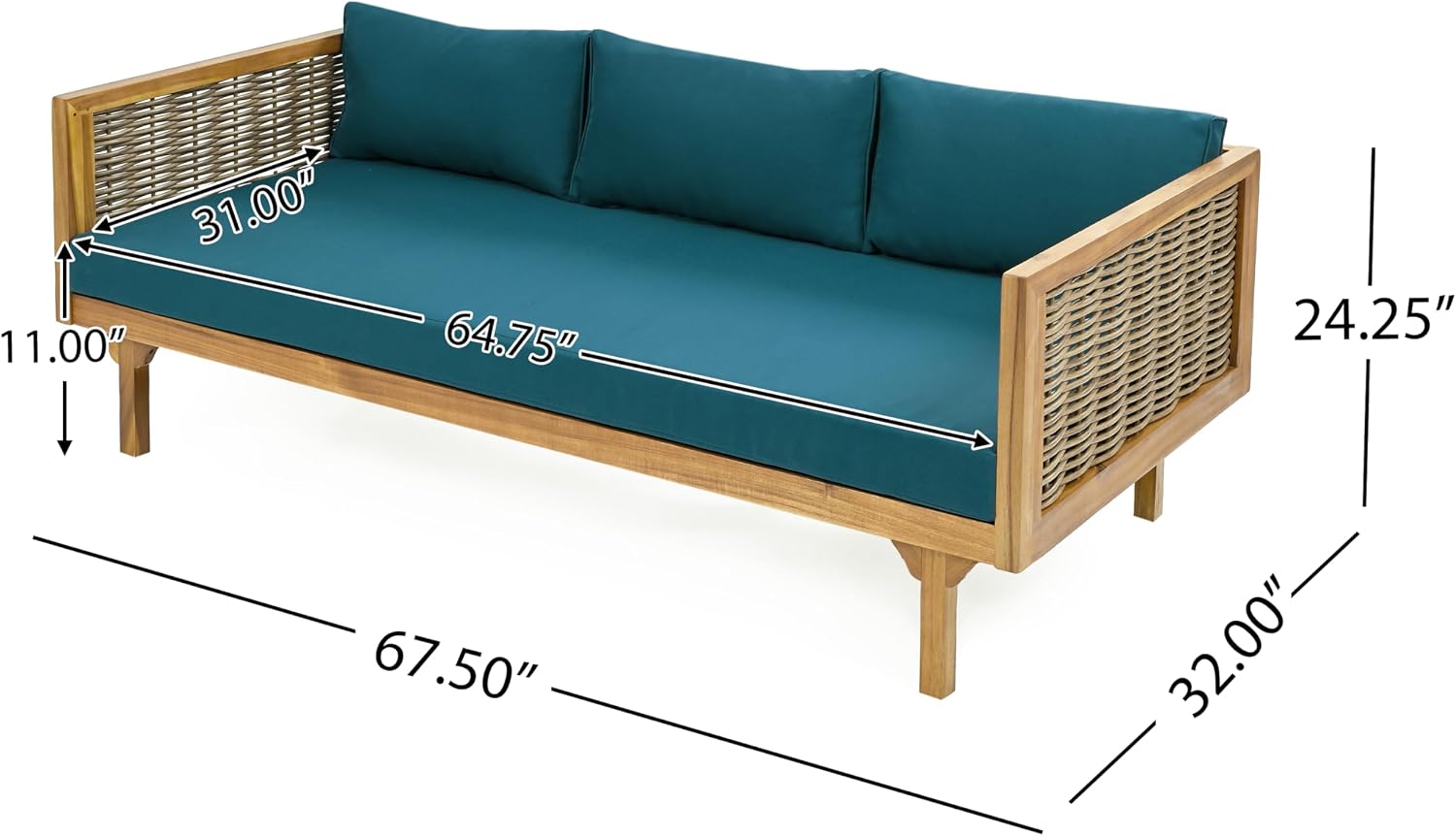 Christopher Knight Home Claremont Patio Sofa and Coffee Table Set, 2 Piece Wicker Patio Furniture Set, Acacia Wood 3 Seater Outdoor Sofa Daybed and Coffee Table Set, Teak+Dark Teal