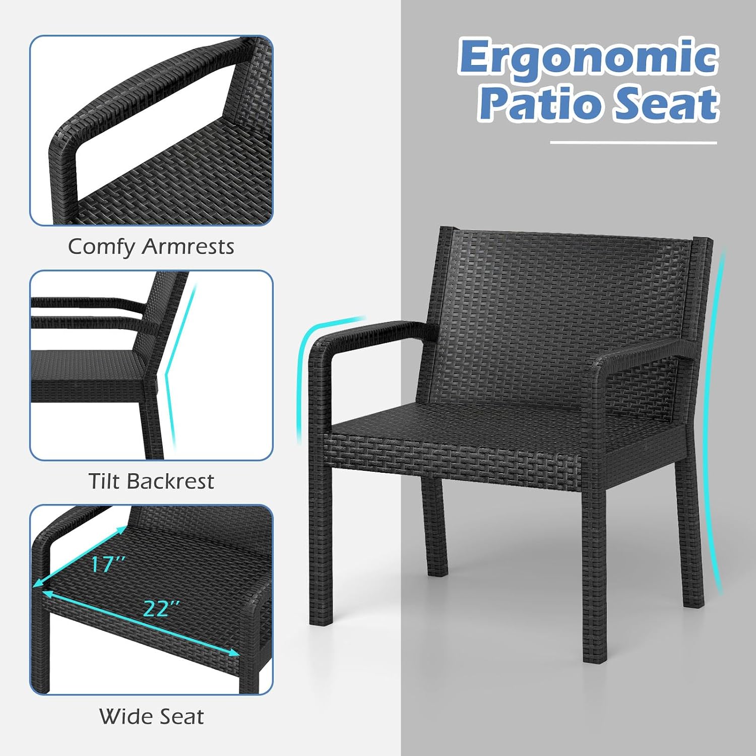 Tangkula 3 Piece Patio Furniture Set, Outdoor Wikcer Conversation Set with 2 Rattan Armchair & 25' Square Side Table, for Patio, Garden, Poolside, Bistro (Black)