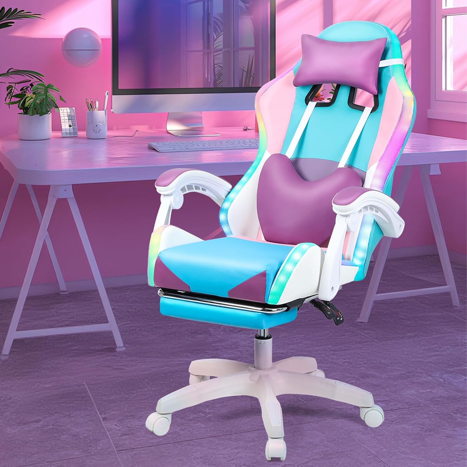 Gaming Chair with Led Lights, Gamer Chair with Footrest High Back and Lumbar Support, Ergonomic Height Adjustable Video Game Chairs Recliner for Adults (Purple)