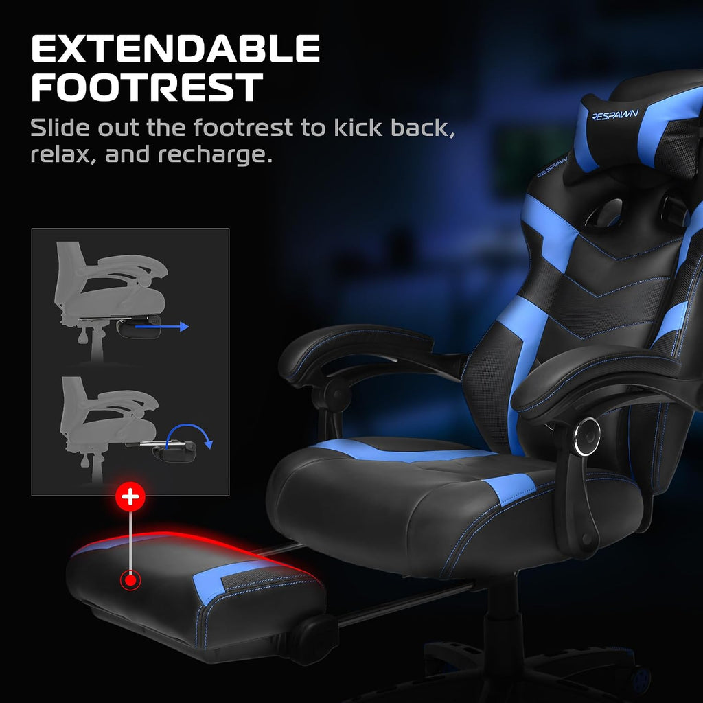 RESPAWN 110 Pro Ergonomic Gaming Chair with Footrest for Adults - Comfortable Office Gaming Recliner with Lumbar Support and Headrest, Racing Style Video Game Chairs for Computer Gamer - Blue