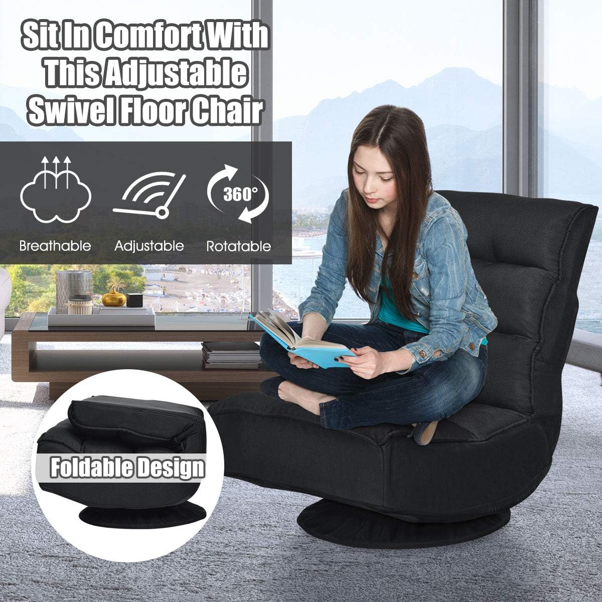 Giantex 360 Degree Swivel Gaming Chair, 6 Position Adjustable Folding Floor Chair, 300lb Spring Support, Comfortable Padded Backrest, Lazy Sofa Chair Game Rocker for Teens Adults (Black)
