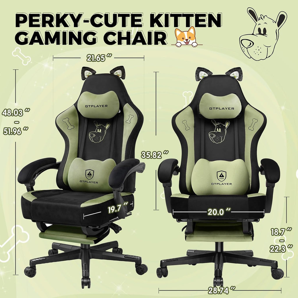 Gaming Chair Cute with Cat Ears Ergonomic Computer Chair with Dog Embroidery Adjustable Memory Foam Lumbar Support and Headrest Comfortable Reclining Office Chair for Girls, Teens, Women