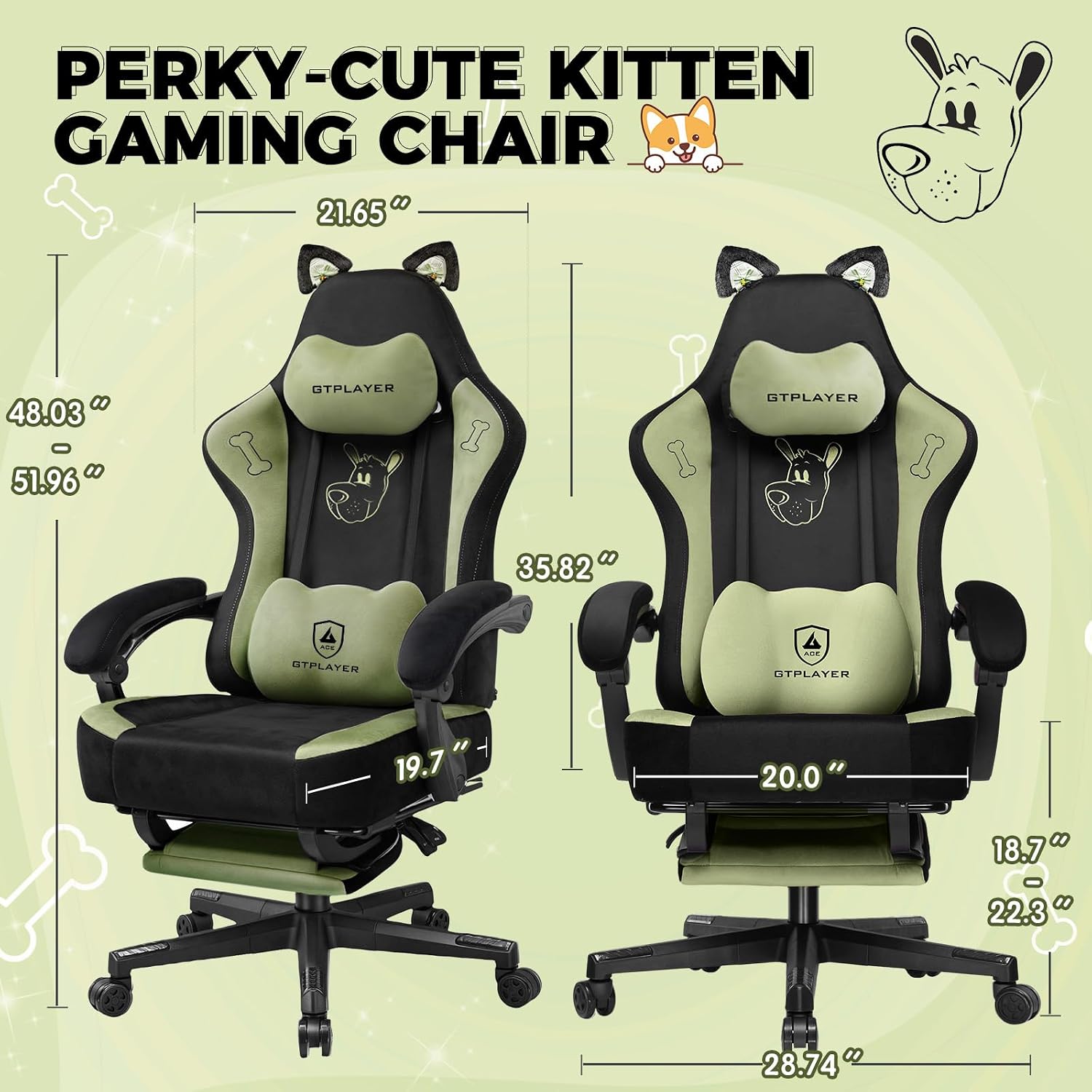 Gaming Chair Cute with Cat Ears Ergonomic Computer Chair with Dog Embroidery Adjustable Memory Foam Lumbar Support and Headrest Comfortable Reclining Office Chair for Girls, Teens, Women