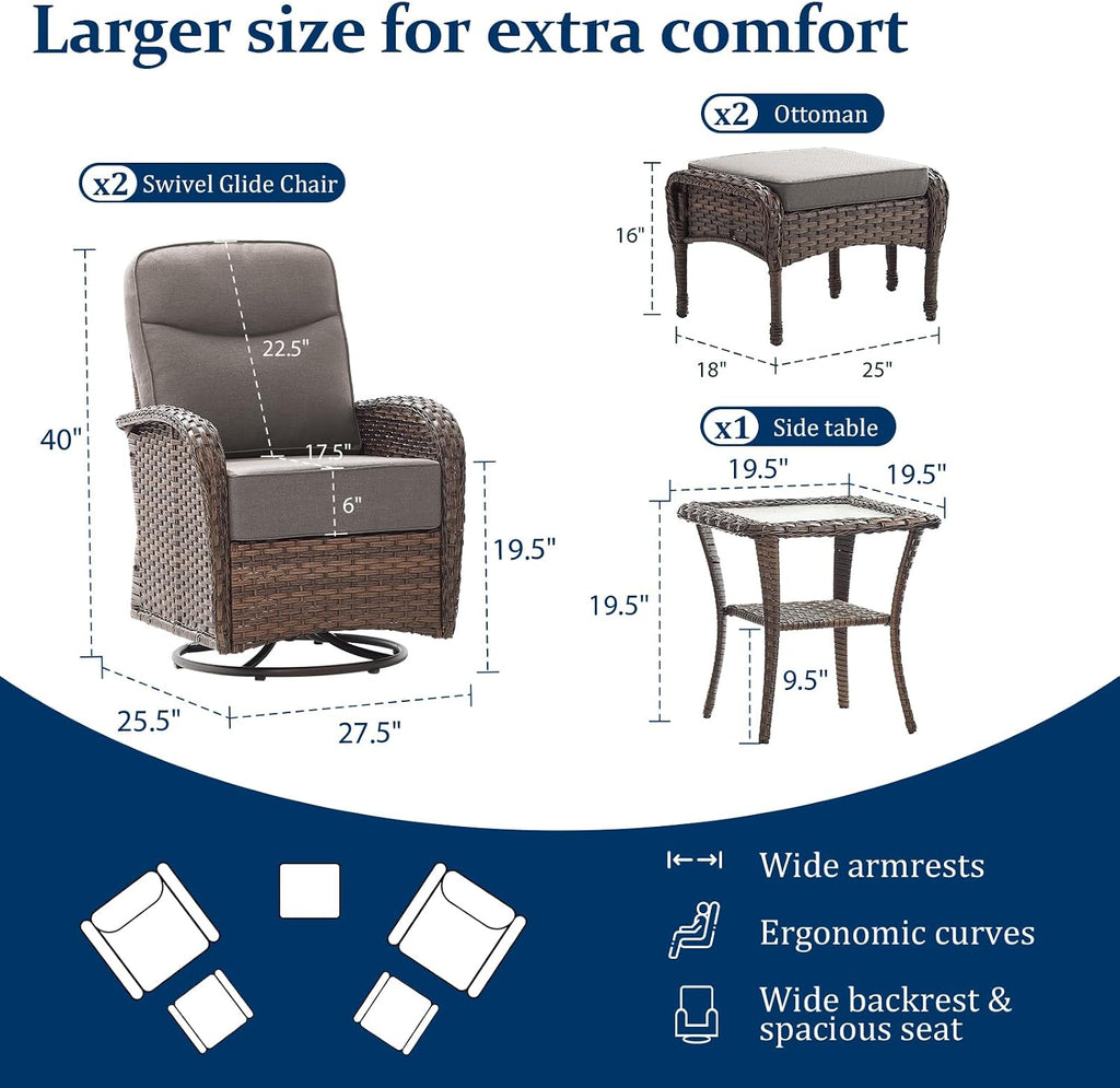 Outdoor Swivel Rocking Chair Patio Set (5-Piece), High-Back - Thick Cushion Swivel Rocking Chair Patio Set, All-Weather Wicker Patio Furniture Set, Suitable for Balcony Patios, Brown/Gery