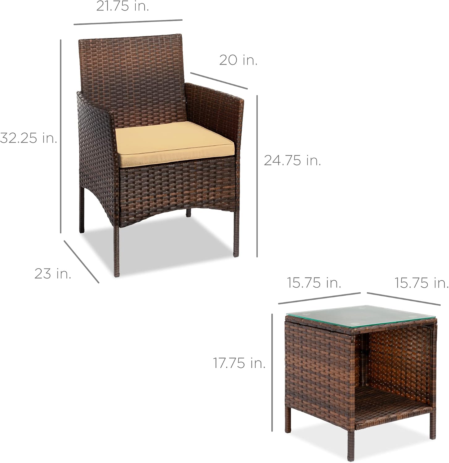 Best Choice Products 3-Piece Outdoor Wicker Conversation Bistro Set, Space Saving Patio Furniture for Garden w/Side Table - Brown/Tan