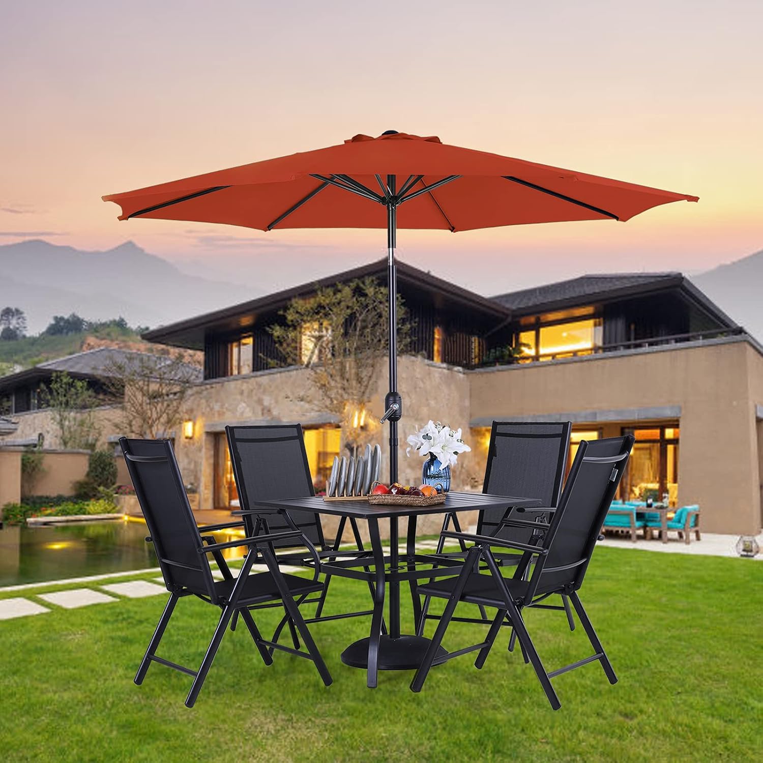 PHI VILLA Outdoor Patio Dining Set for 4 with 9ft Patio Umbrella (No Base), Outdoor Table and Chairs with Adjustable Patio Folding Chair & 37' Metal Dining Table for Garden, Yard and Deck