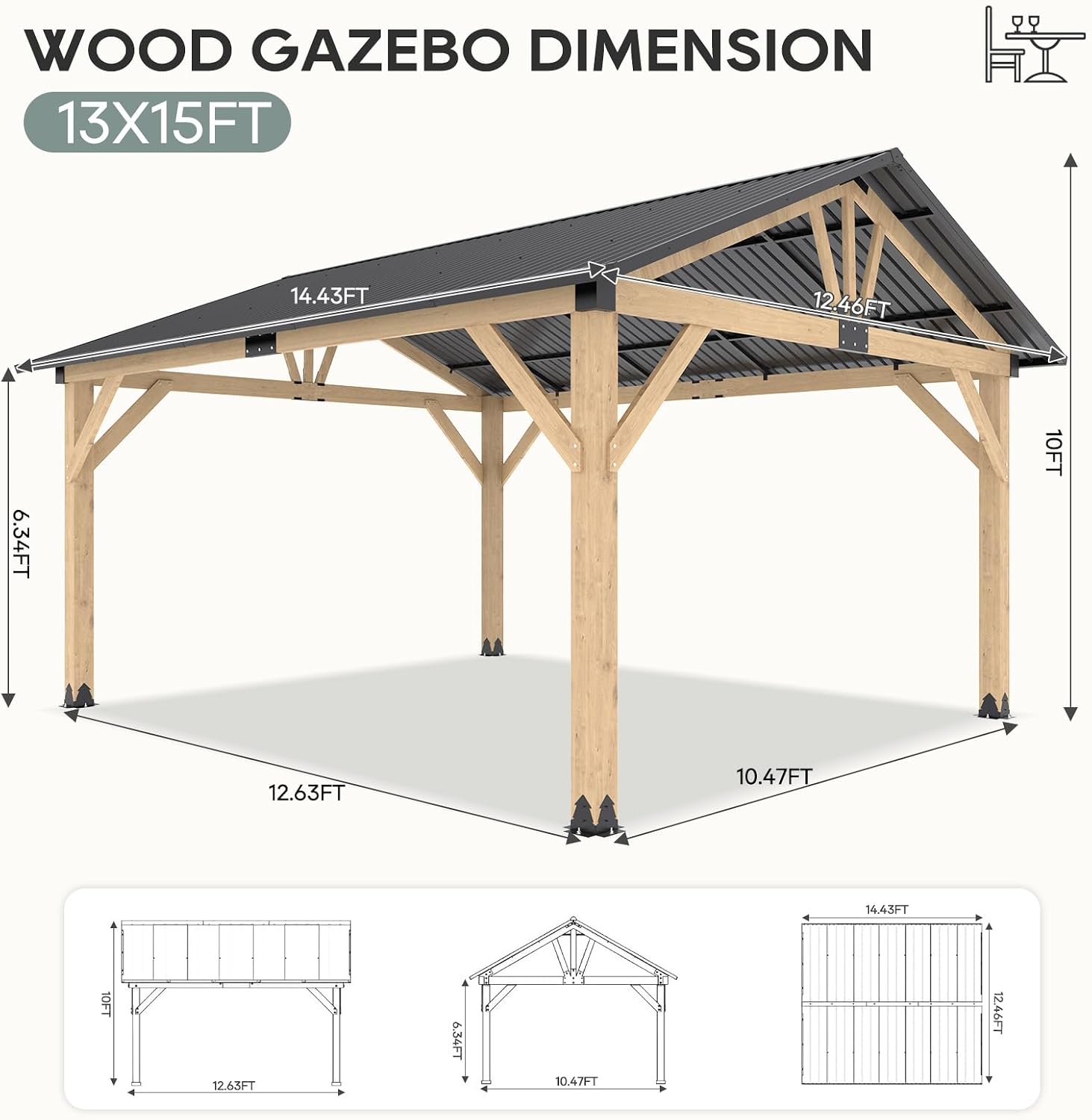 13'x15' Outdoor Patio Wooden Gazebo - Cedar Solid Wood Gazebo with Galvanized Steel Roof, Wooden Frame, Pavilion for Lawns, Beach, Patio, Garden (13X15FT)