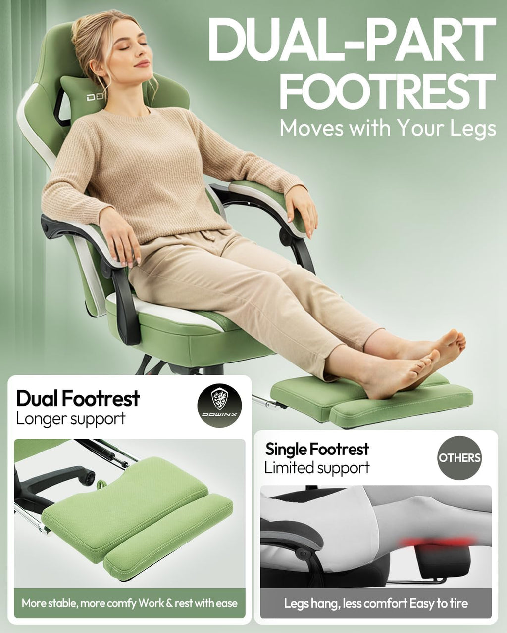 Dowinx Gaming Chair Breathable Fabric Game Chair with Gel Pad and Storage Bag, Comfortable Gamer Chair with Pocket Spring Cushion,Ergonomic Computer Chair with Footrest,Green and White
