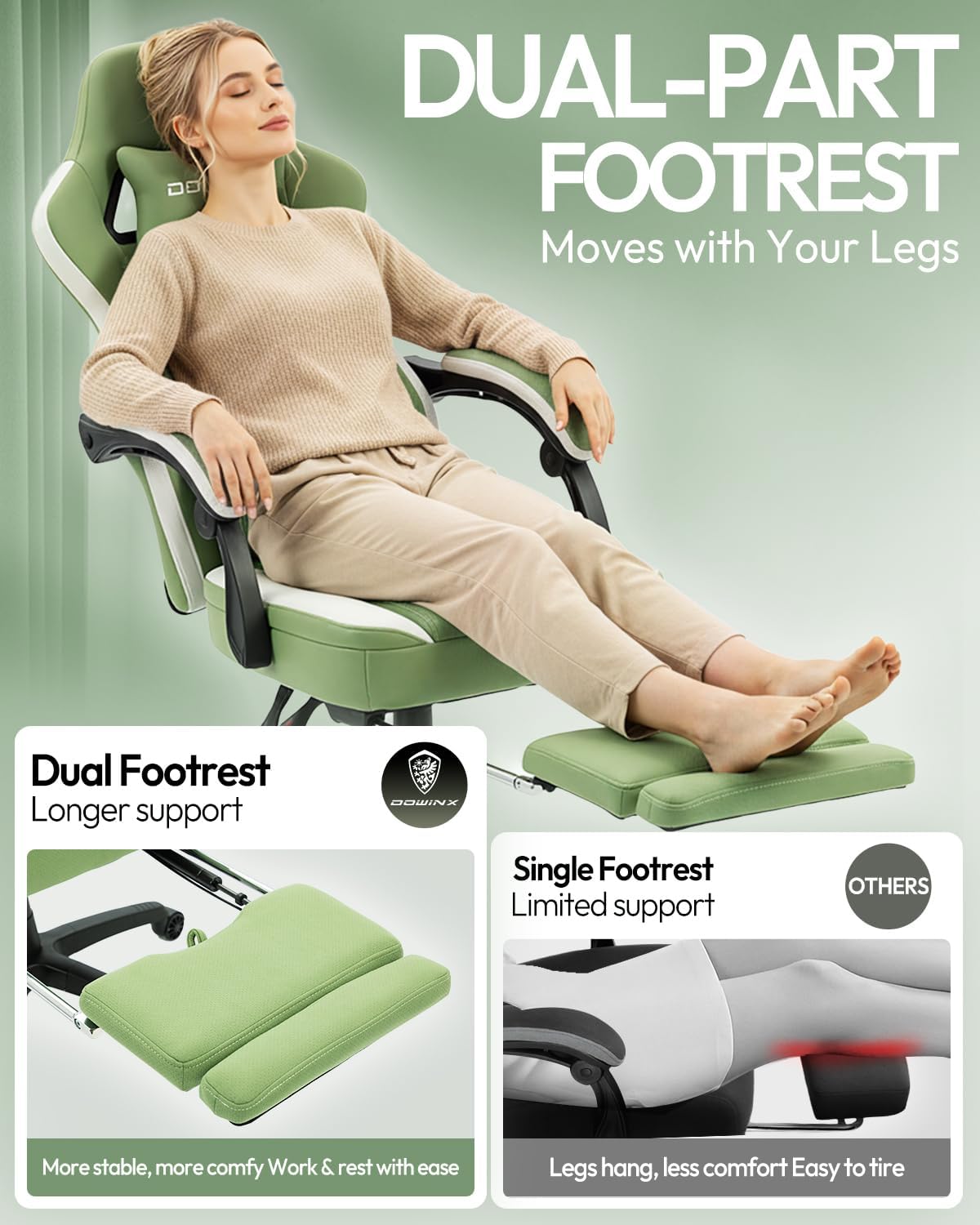 Dowinx Gaming Chair Breathable Fabric Game Chair with Gel Pad and Storage Bag, Comfortable Gamer Chair with Pocket Spring Cushion,Ergonomic Computer Chair with Footrest,Green and White
