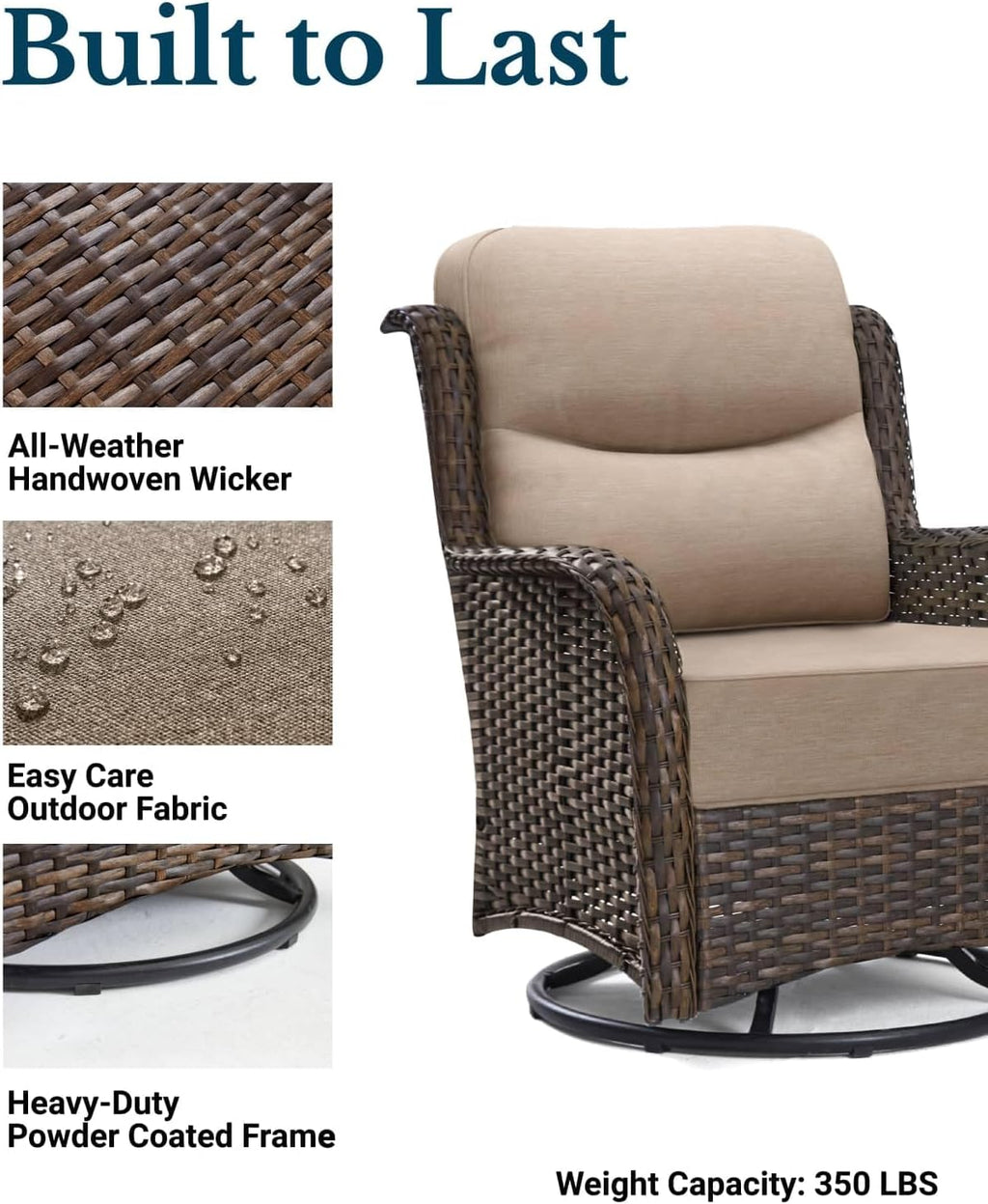 HILLGA Luxury Outdoor Swivel Rocker Patio Chairs of 2 with 6 Inch Thick Cushions and Side Table, Swivel Outdoor Chairs 3PCS High Back Wicker Patio Furniture Set for Porch, Balcony, Deck in Beige