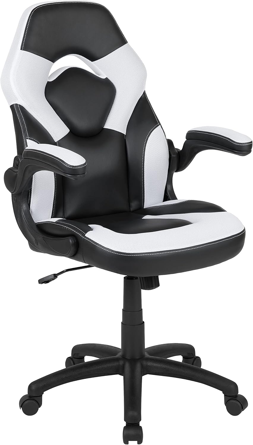 Flash Furniture Gaming Desk and White/Black Racing Chair Set /Cup Holder/Headphone Hook/Removable Mouse Pad Top - 2 Wire Management Holes