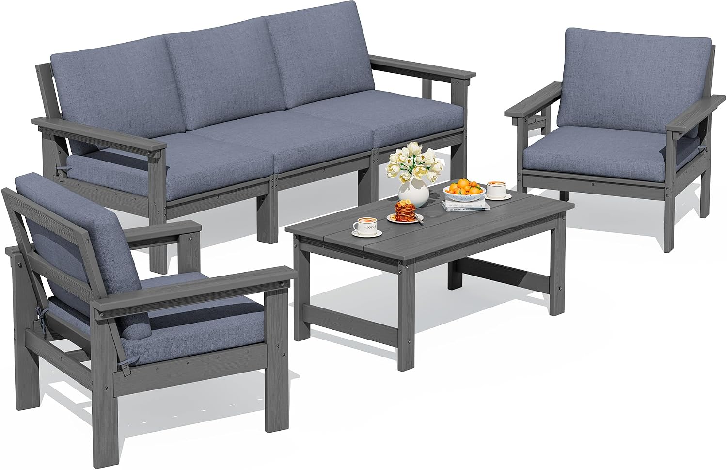 SERWALL HDPE Patio Conversation Set, 6-piece Sectional Outdoor Furniture Set, All Weather Outdoor Couch Set Patio Furniture Set for Deck, Lawn, Grey Frame with Grey Cushion
