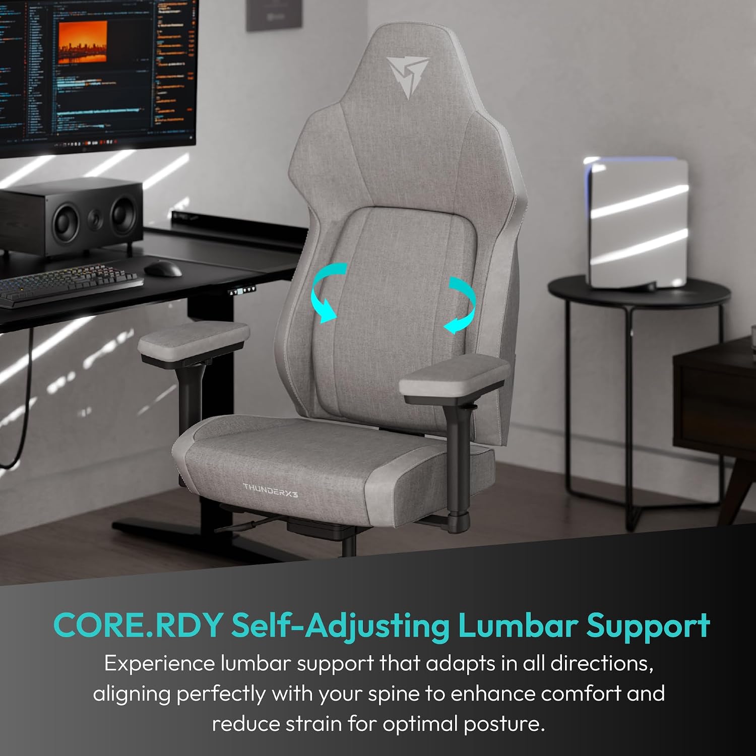 ThunderX3 CORE Smart LOFT Gaming Chair Light Grey – Ergonomic Office Chair, Automatic Lumbar Support, Synchronised Mechanism, 3D Armrests, Fabric Cover, for Users up to 125kg, 155-190cm