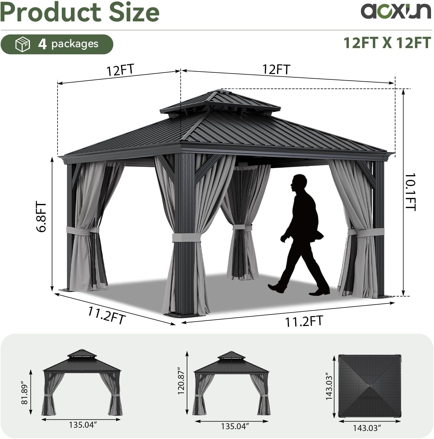 Aoxun 12' X 12' Hardtop Gazebo with Drainage System, Aluminum Outdoor Gazebo with Galvanized Steel Double Roof, Patio Permanent Metal Pavilion with Netting, for Garden, Deck, Backyard, Grey