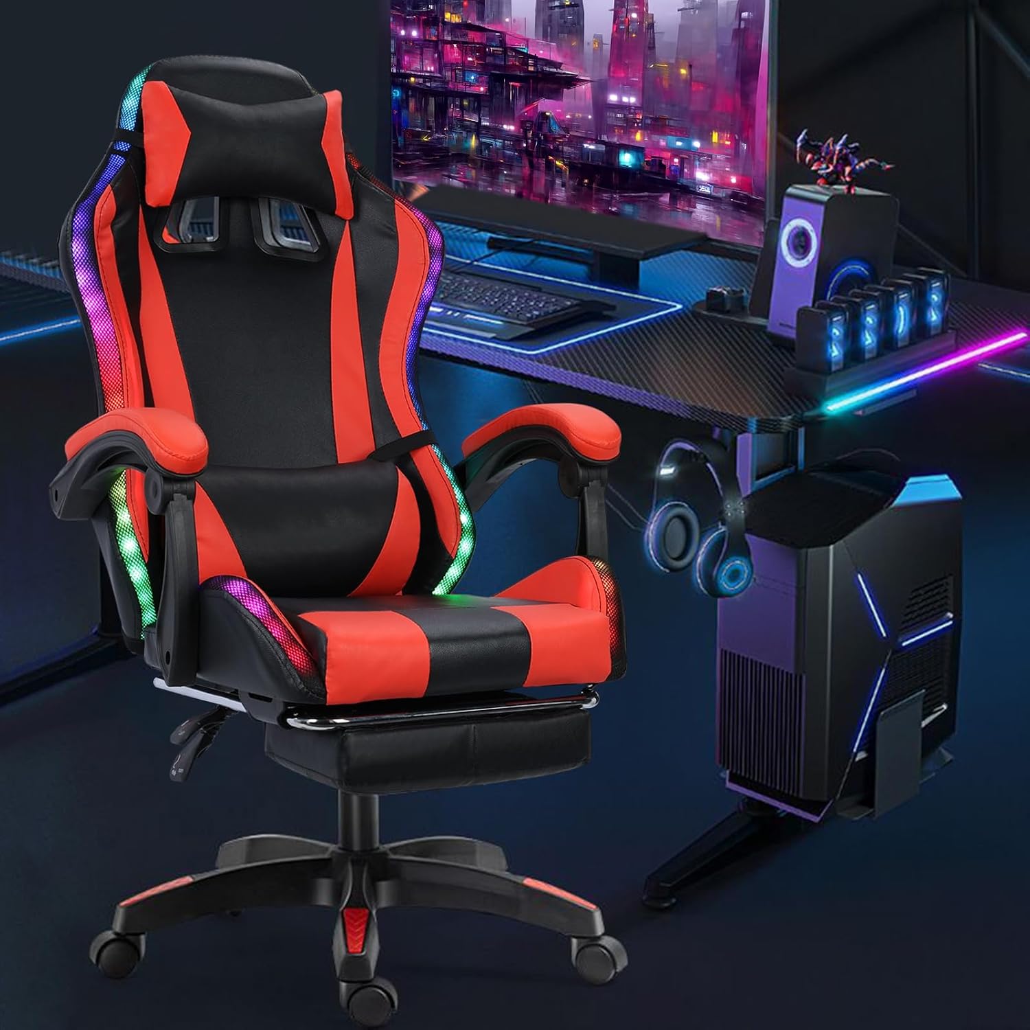 Gaming Chair with Bluetooth Speakers and RGB LED Lights, High Back Video Game Massage Chair 360° Swivel Height Adjustable Recliner with Footrest & Headrest Lumbar Support Pillows (Black & Red)