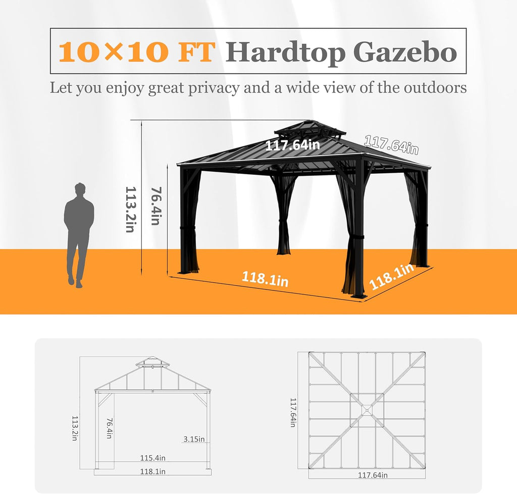 Yardenaler 10x10 FT Hardtop Gazebo Canopy with Double Galvanized Steel Roof, Permanent Outdoor Pavilion with Mesh Netting for Patio. Garden, Backyard, Black