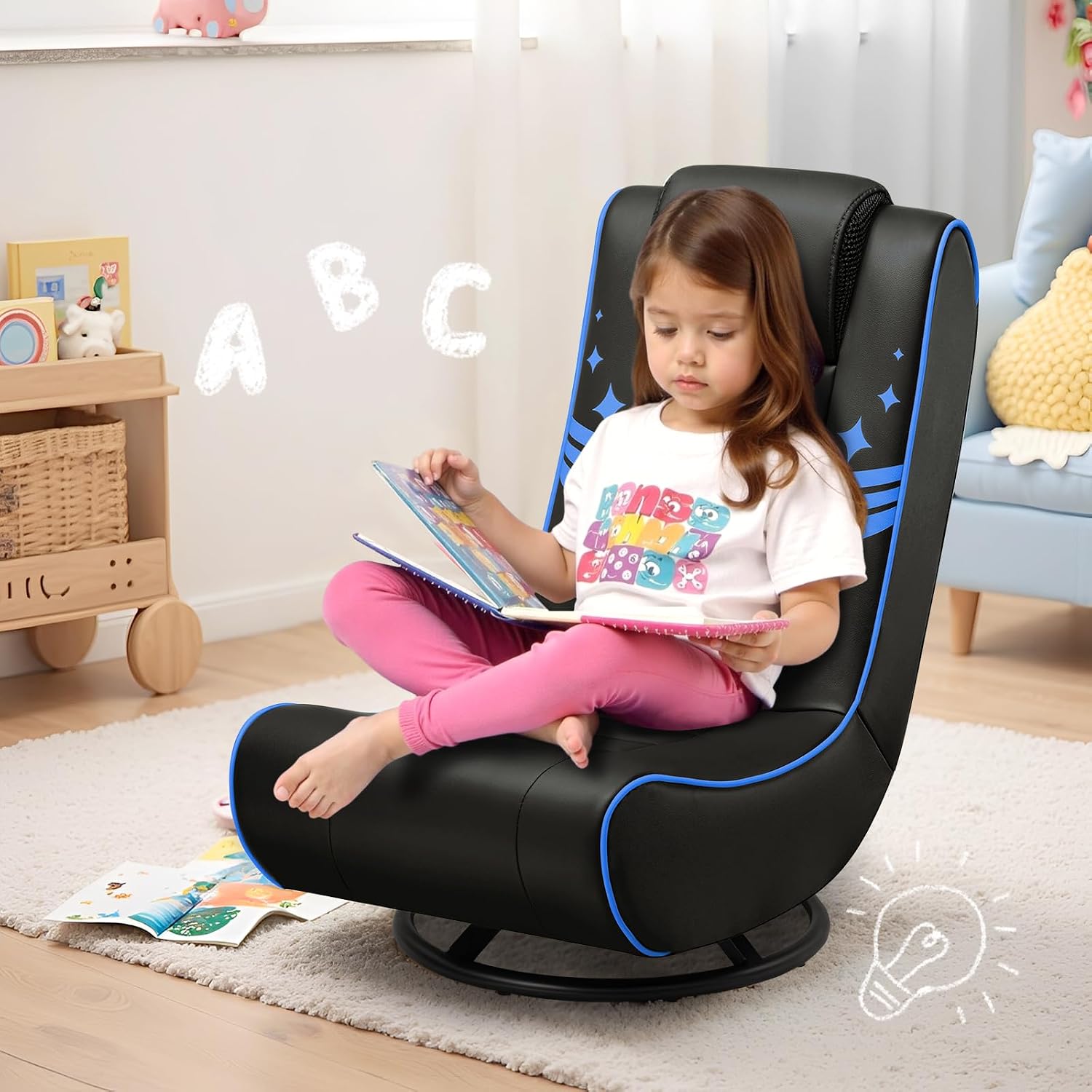 GTPLAYER Floor Gaming Chair Foldable Swivel Floor Chairs for Kids Boys Comfy Video Game Seat with 360° Multipurpose for Gamers, Bedroom or Game Room(Black-Blue)