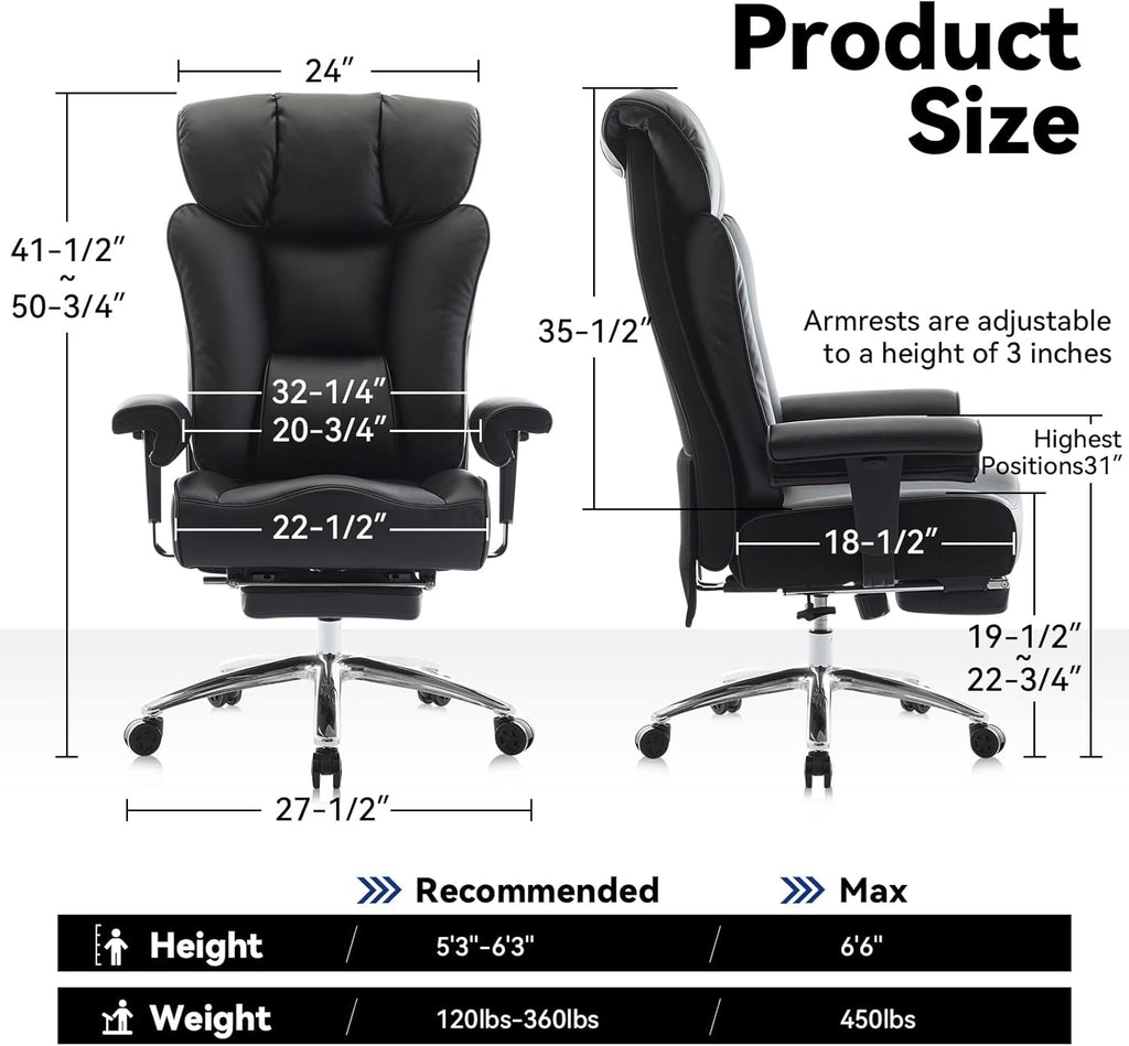 Efomao Big and Tall Office Chair 450lbs, 5.9' Thick Pocket Spring Executive Office Chair with Footrest, High Back PU Leather Desk Chair, Wide Seat Computer Chair, Black