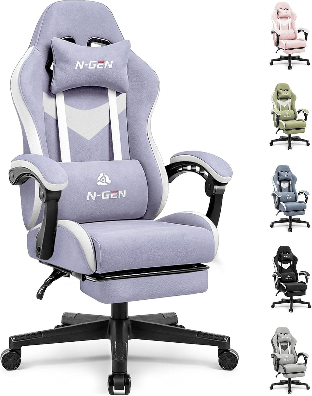 N-GEN GAMING Video Gaming Chair Office Computer Desk Use Ergonomic Reclining Backrest Adjustable Armrests Lumbar Support Footrest High Density Foam Breathable Fabric Heavy Duty Base (Purple)