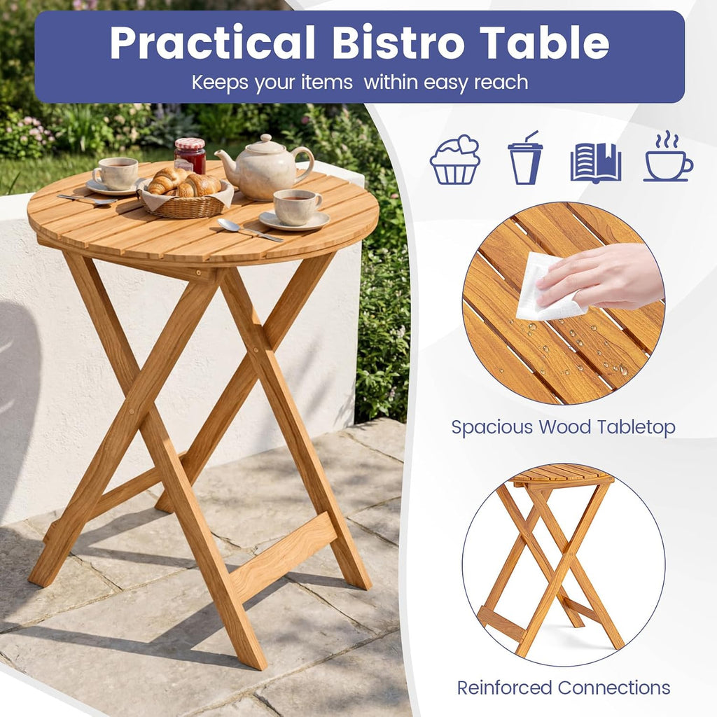 Giantex 3Pcs Patio Bistro Set, Wood Folding Table Set, 2 Cushioned Chairs for Garden Yard, Outdoor Furniture Round Table (Natural & Navy Blue)