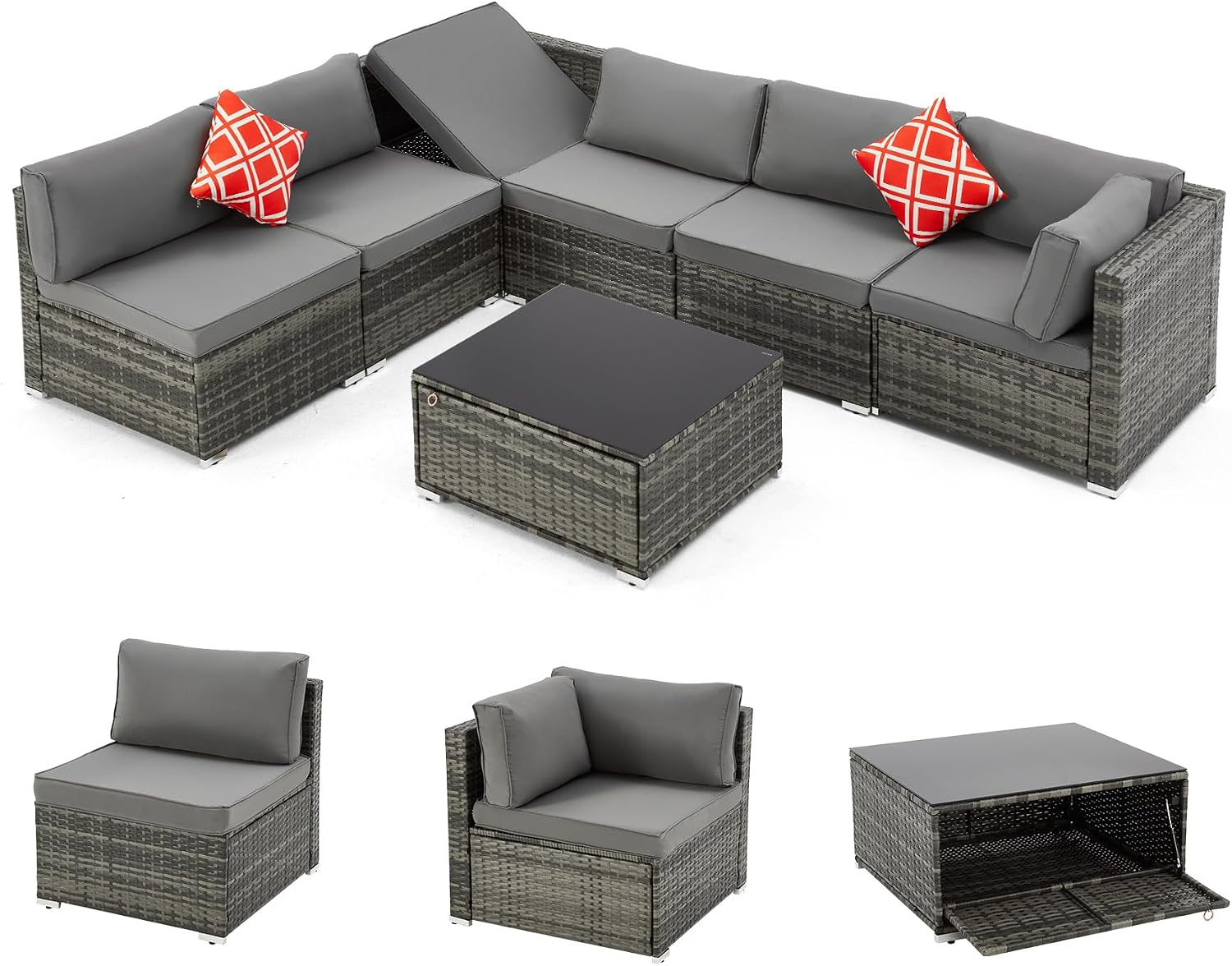 HOMREST 7 Piece Patio Furniture Set with Adjustable Bracket All-Weather Wicker Conversation Set with Coffee Table for Porch Garden Backyard (Gray)