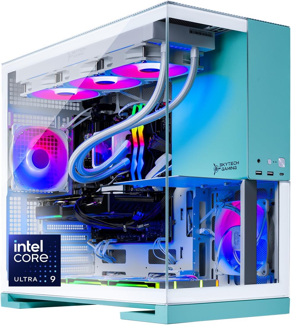 Skytech Gaming Aqua Desktop PC, Intel Ultra 9 285K 3.7 GHz(5.7 GHz Turbo), NVIDIA RTX 5070 12GB, Z890 Board, 1TB NVMe SSD, 32GB DDR5 RAM 6000 RGB, 850W Gold ATX 3 PSU, 360mm ARGB AIO, Wi-Fi, Win 11