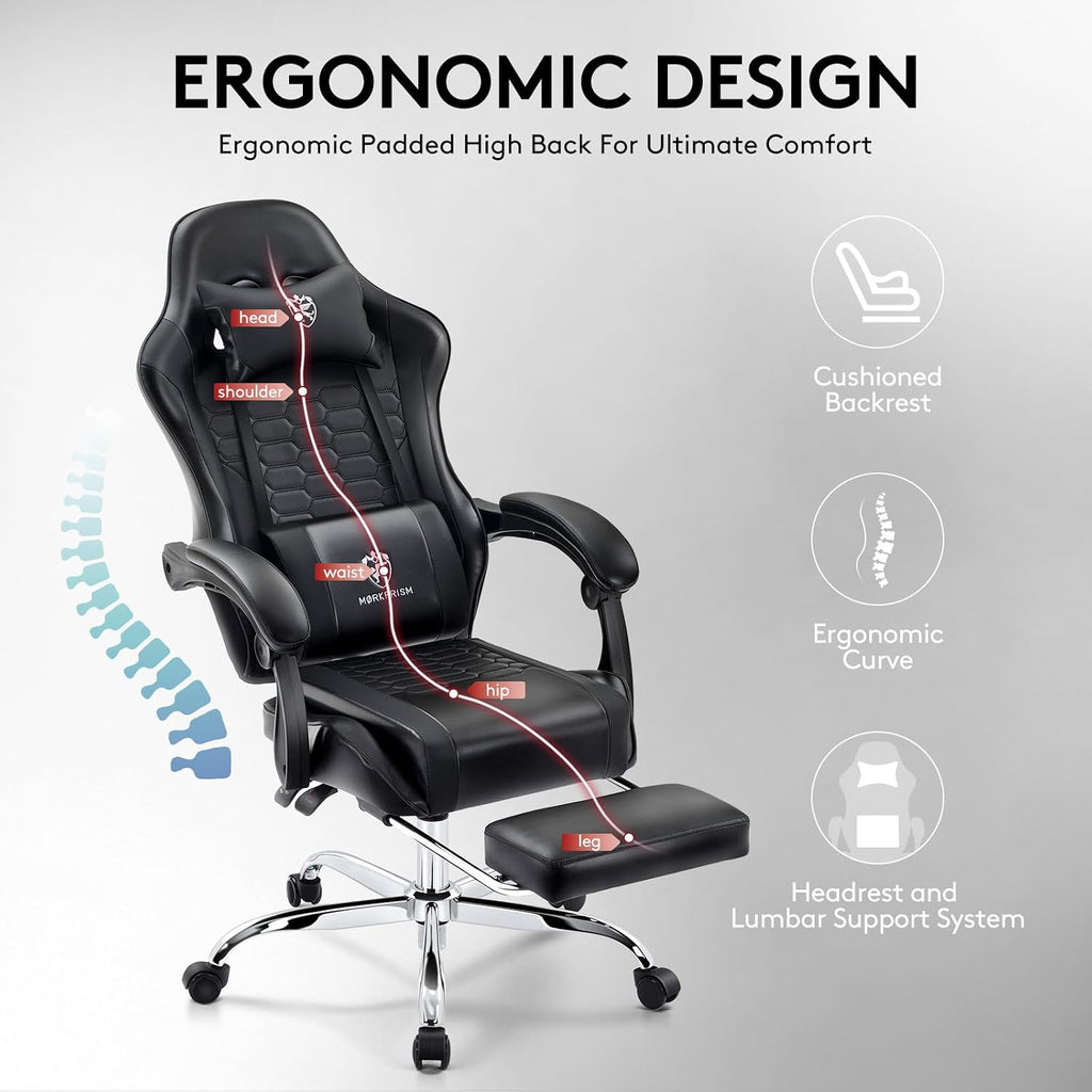 Gaming Chair,Computer Office Chair with Footrest,Massage Lumbar Support and Gel Pad,Ergonomic Reclining Adjustable Leather Gamer Chair with Headrest and Spring Cushion Black