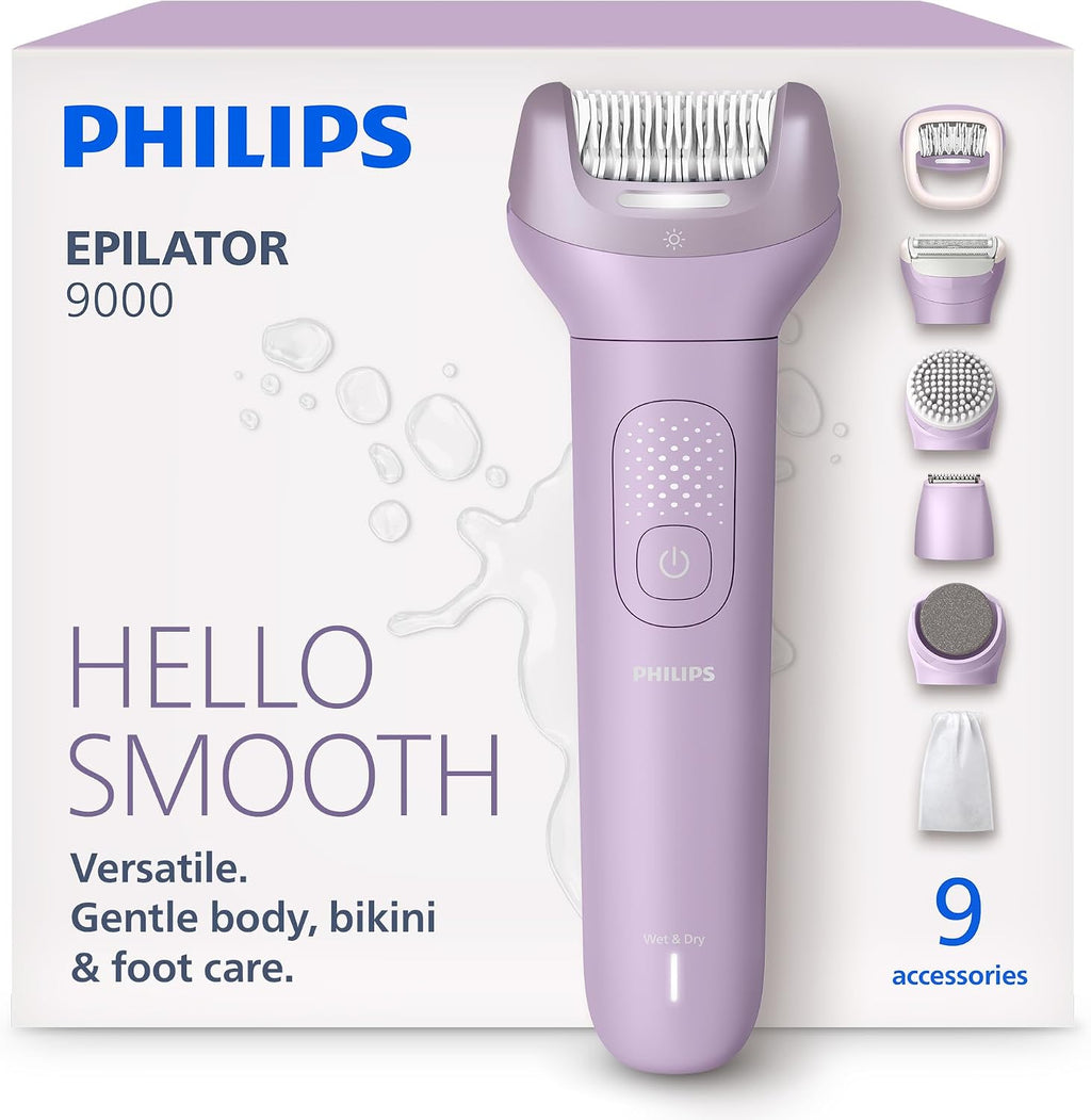 Philips Epilator Series 9000 - Cordless Wet and Dry Electric Epilator, Hair Removal for Legs, Body and Bikini, with ProGuide, 9 Accessories Including Pedicure Head, 60 min. Runtime, Model BRE728/00