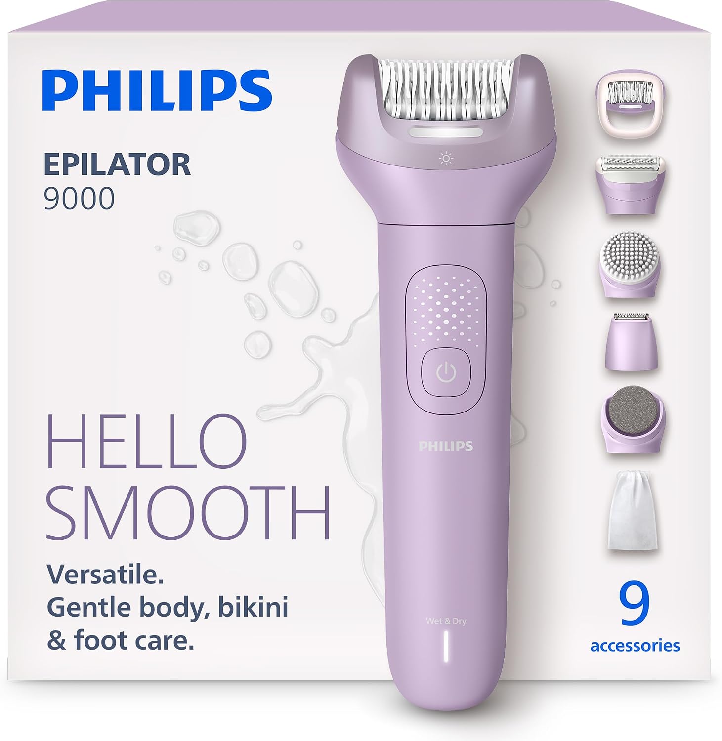 Philips Epilator Series 9000 - Cordless Wet and Dry Electric Epilator, Hair Removal for Legs, Body and Bikini, with ProGuide, 9 Accessories Including Pedicure Head, 60 min. Runtime, Model BRE728/00