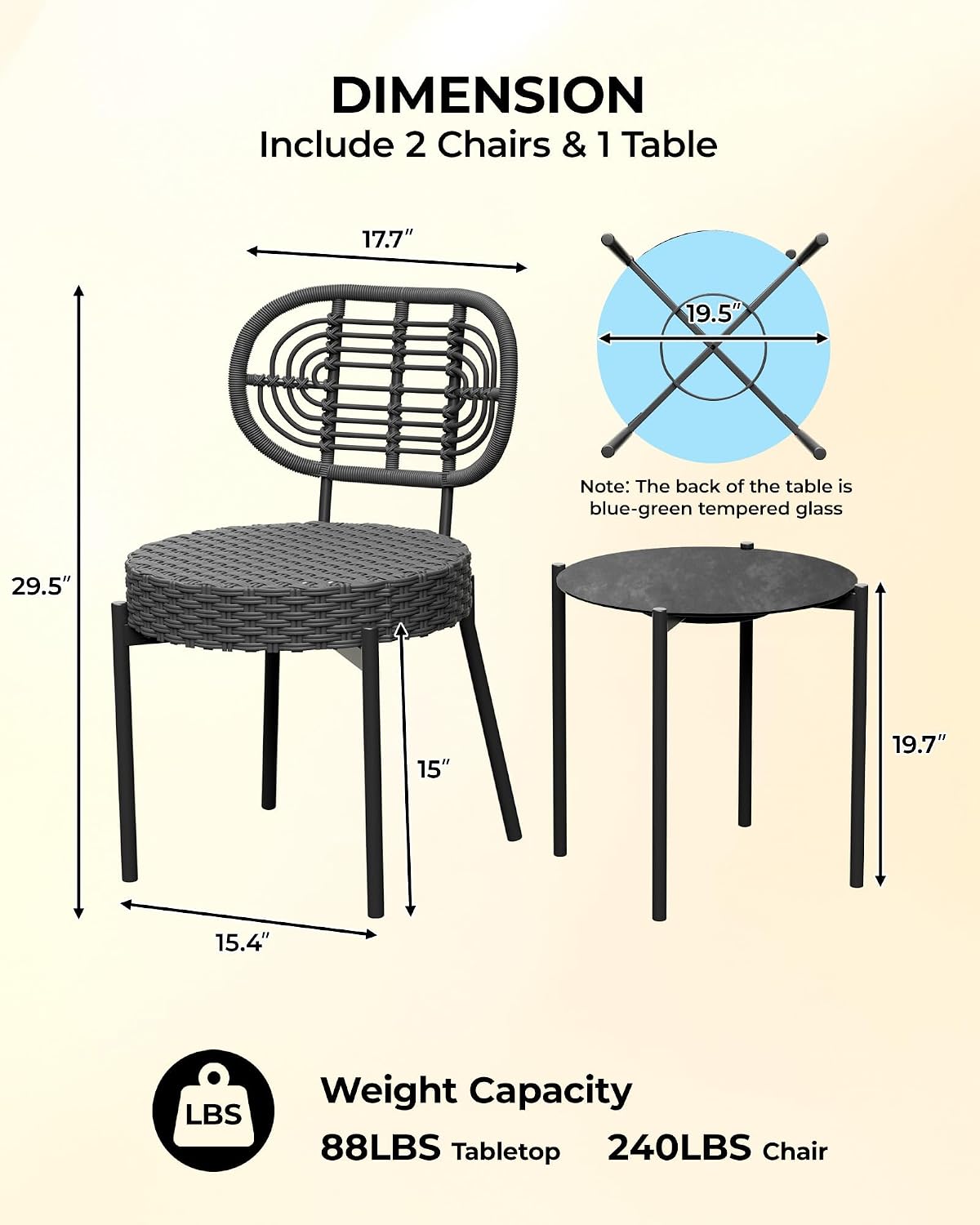 GarveeLife 3 Piece Wicker Patio Bistro Furniture Set, Outdoor Dining Chairs, Includes 2 Rattan Chairs and Tempered Glass Table, for Garden, Backyard, Balcony, Apartment, Black & Grey