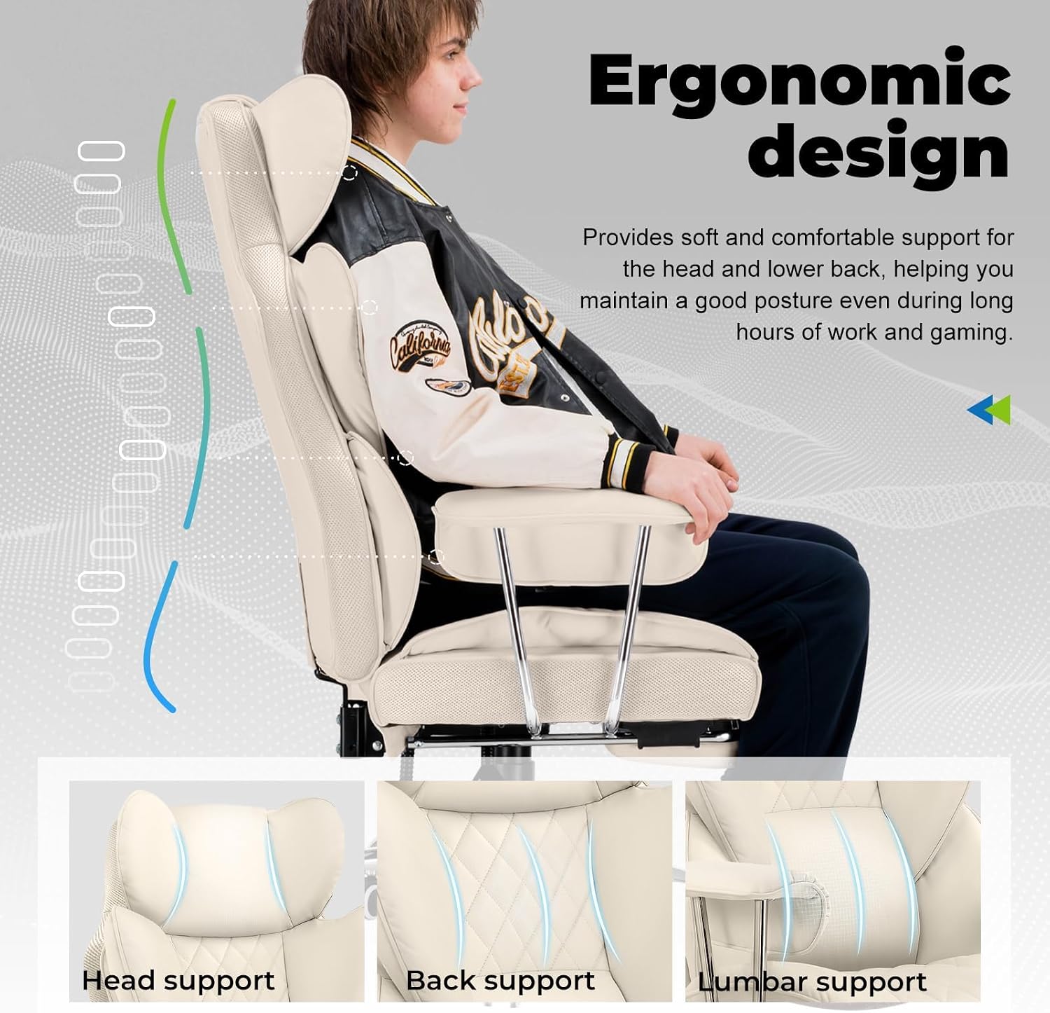 COMHOMA Big and Tall Office Chair, High Back Leather Gaming Chair with Footrest, Executive Ergonomic Office Chairs with Pocket Spring Lumbar Support and with Outward Fixed Soft Armrests