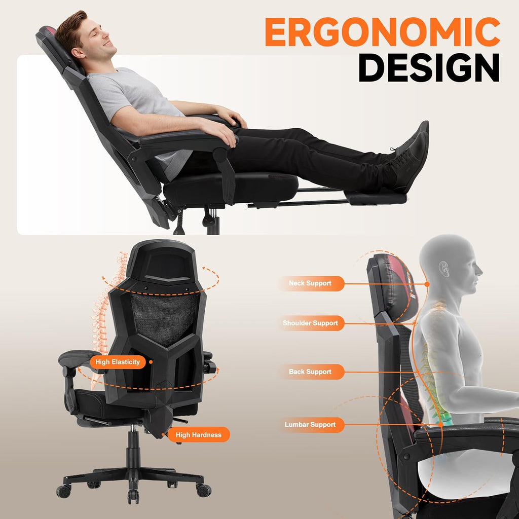 GTPLAYER Computer Chair with Adjustable Footrest, Ergonomic Gaming Chair with Headrest and Lumbar Support, Breathable Mesh Office Chair for Adults, High Back Reclining Desk Chair for Gaming and Office