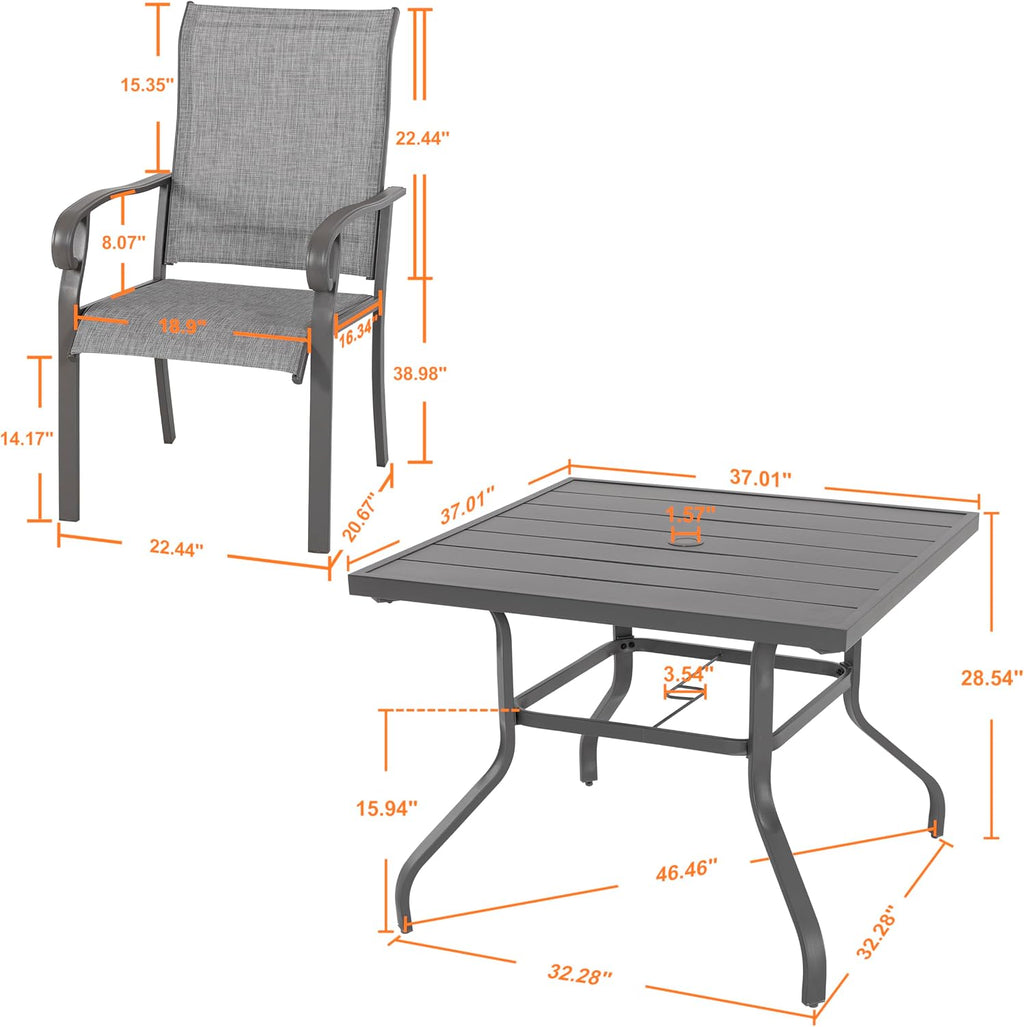 NUU GARDEN Outdoor Patio Dining Set 5 Piece Furniture Set Including Square Outdoor Dining Table with 1.57' Umbrella Hole and 4 Gray Textilene Chairs for Garden, Patio and Poolside Backyards