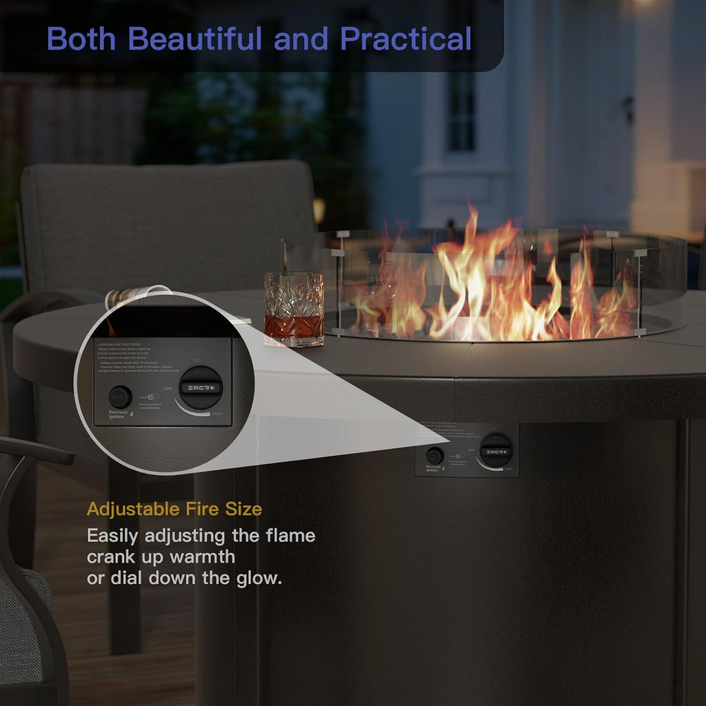 Kurapika 5 Piece Metal Outdoor Patio Furniture Set with Round Fire Pit Table, Patio Conversation Sets 4 Fixed Chairs with Thick Cushion and 40000 BTU Fire Pit Table, Navy Blue