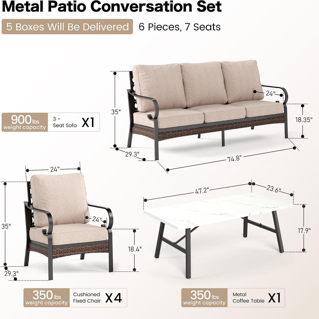 SUNSHINE VALLEY 6 Piece Metal Outdoor Patio Furniture Sets, Patio Conversation Sets 1 3-Seater Sofa, 4 Single Sofa with 5.75' Extra Thick Cushion & Coffee Table, Black Frame Backyard Furniture, Beige
