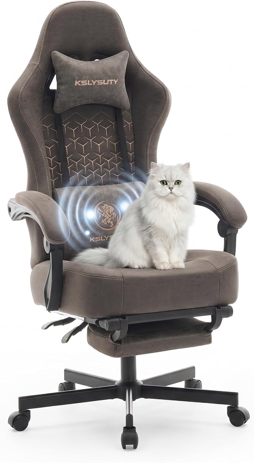 Gaming Chair Breathable Leather with Pocket Spring Cushion, Wide and High Ergonomic Office Chair with Headrest, Computer Gaming Chair with Footrest for Adult and Teen (Grey Leather)