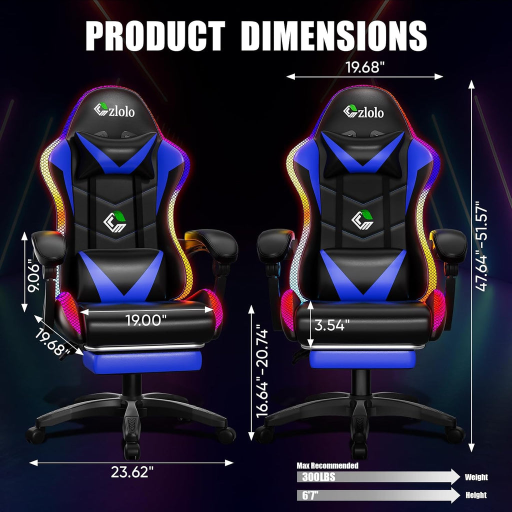 Czlolo Gaming Chair, RGB LED Lights Computer Chair with Footrest, Lumbar Support Massager Gamer Chair, High Back, 90-135° Reclining, Linkage Armrests, Blue