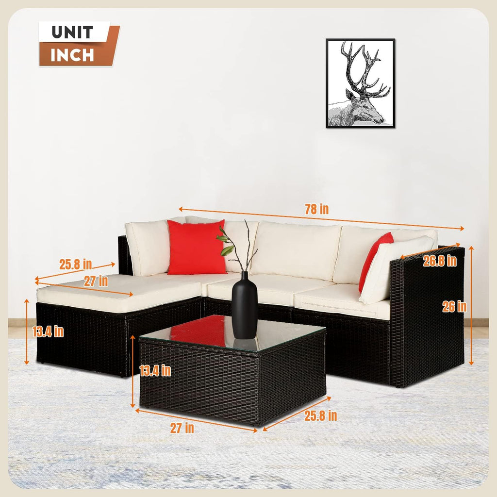 5 Pieces Patio Furniture Sets Outdoor Furniture Patio Sofa Wicker Sectional Sofa Modular Outdoor Conversation Set with 2 Red Pillow 2 Corner Chairs Armless Chair Ottoman Glass Table,Khaki Cushion