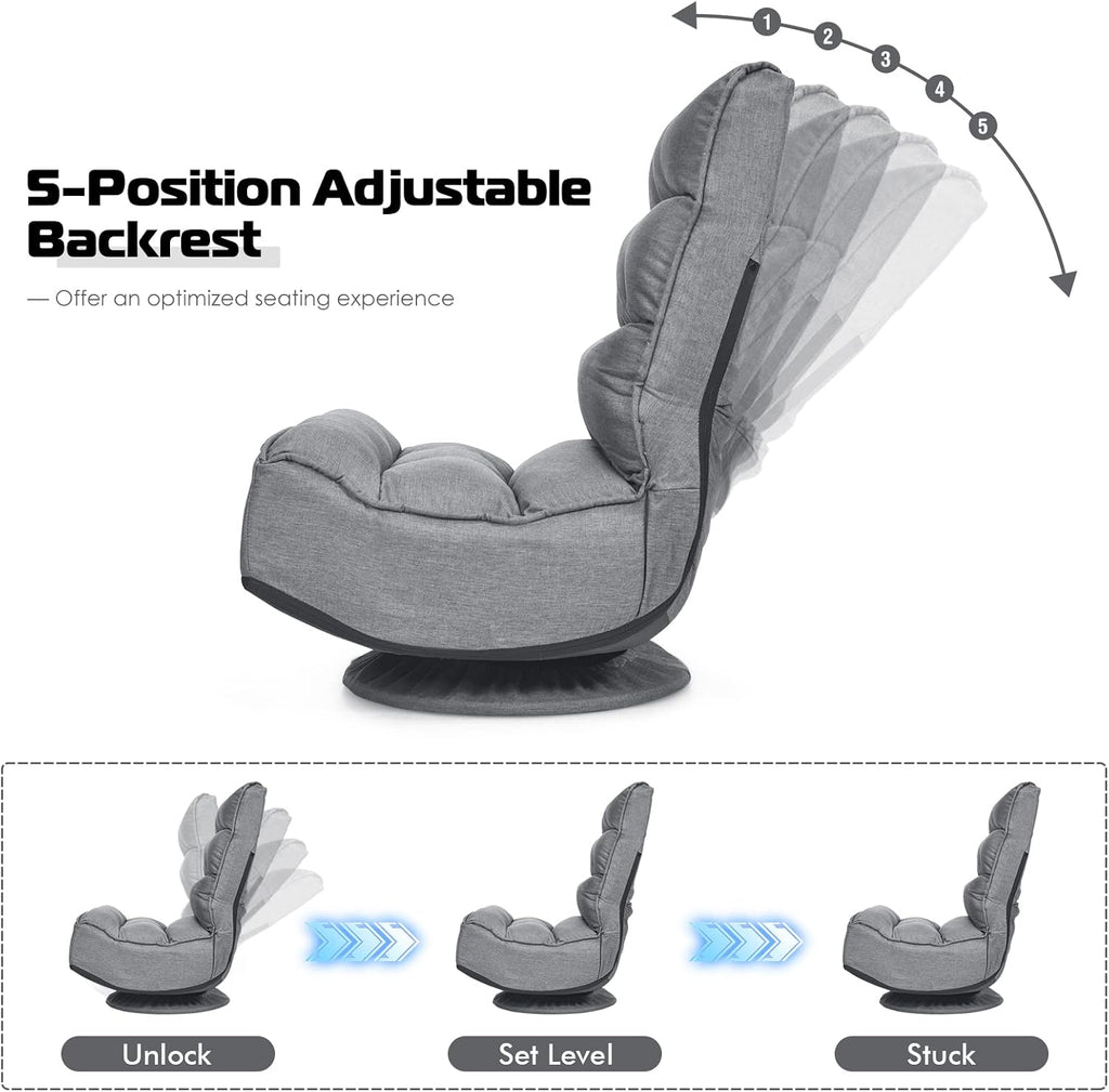 COSTWAY Folding Floor Chair, Adjustable 5-Position Video Gaming Chair with 360 Degree Swivel, Detachable Cover, Padded Backrest, Multipurpose Living Room Floor Lounger for TV, Reading, Playing (Grey)
