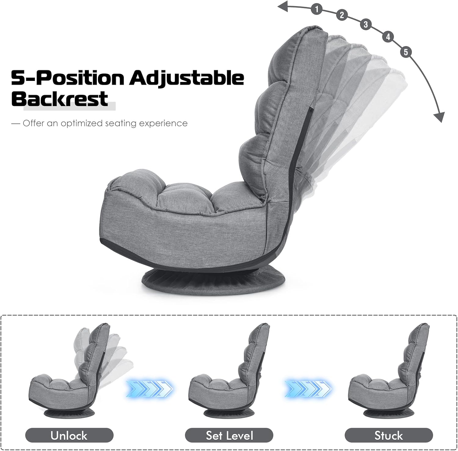 COSTWAY Folding Floor Chair, Adjustable 5-Position Video Gaming Chair with 360 Degree Swivel, Detachable Cover, Padded Backrest, Multipurpose Living Room Floor Lounger for TV, Reading, Playing (Grey)