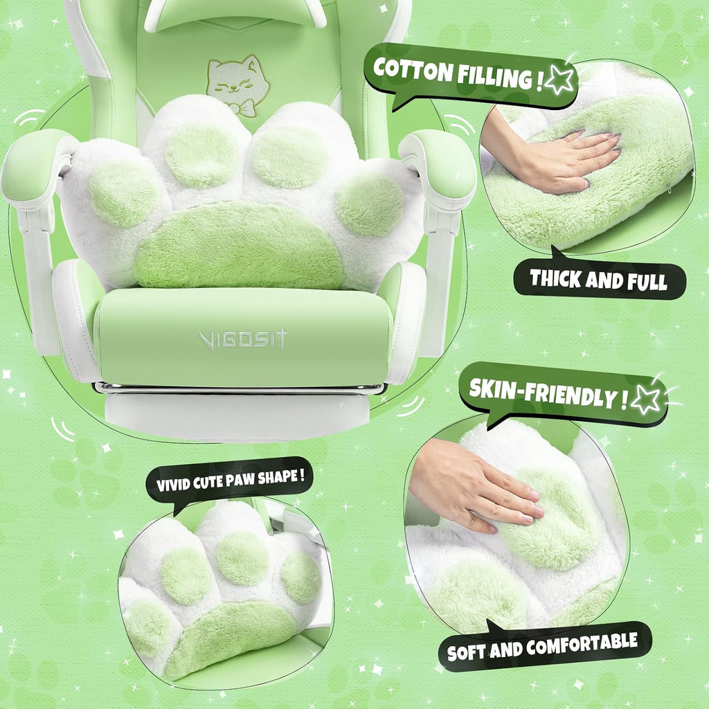 Vigosit Cute Cat Gaming Chair with Paw Lumbar Cushion, PC Video Gamer Chair for Girl Teen Woman (Green)