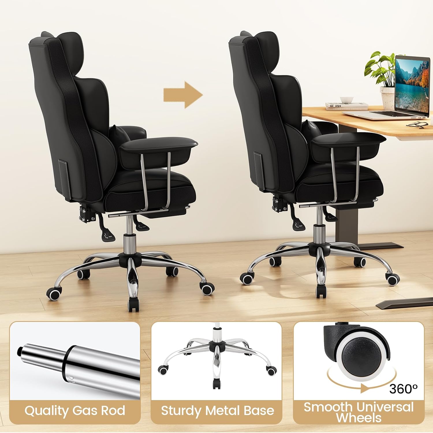 COSTWAY 400 LBS Big and Tall Office Chair, PU Leather Executive Desk Chair w/Retractable Footrest, Reclining Function, Lumbar Support, Ergonomic High Back Home Computer Task Chair (Black)