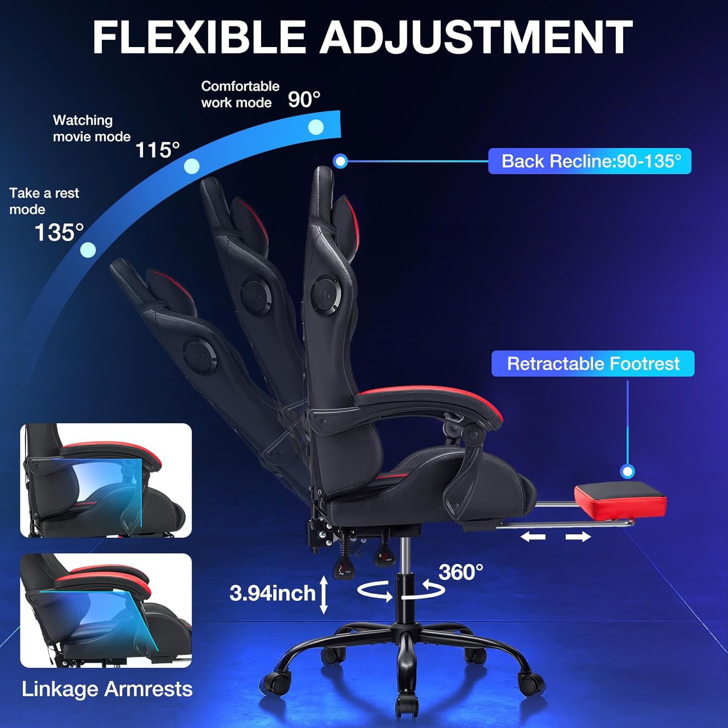 RGB Gaming Chair with Bluetooth Speakers and LED Lights Ergonomic Massage Computer Game Chair with Footrest High Back Music Video Game Chair with Lumbar Support Red and Black
