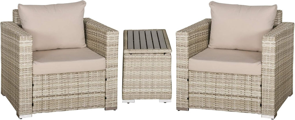 Outsunny 3 Piece Patio Furniture Set, PE Rattan Small Wicker Balcony Furniture, Table & Chairs with Cushions Composite Table, Conversation Set for Apartment, Gray